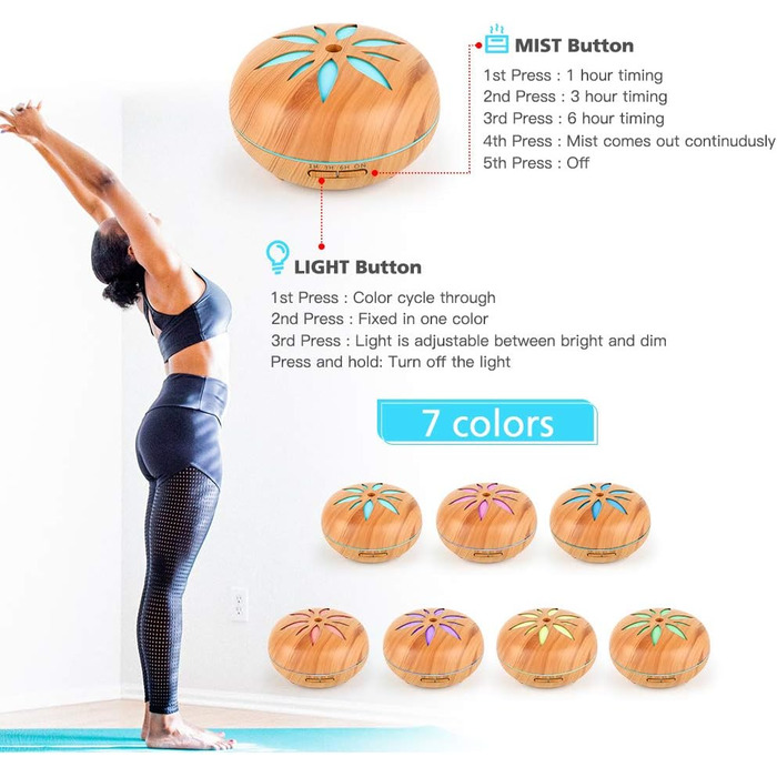 Дифузор ароматерапії GeeRic 550 мл з таймером, ультразвуковий зволожувач повітря, 7 кольорів LED, дерев'яний корпус