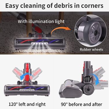 Насадка для пилососа Dyson V7, V8, V10, V11, V15: щітка з прямим приводом та 5 LED-ліхтариками для твердих поверхонь (сіра)