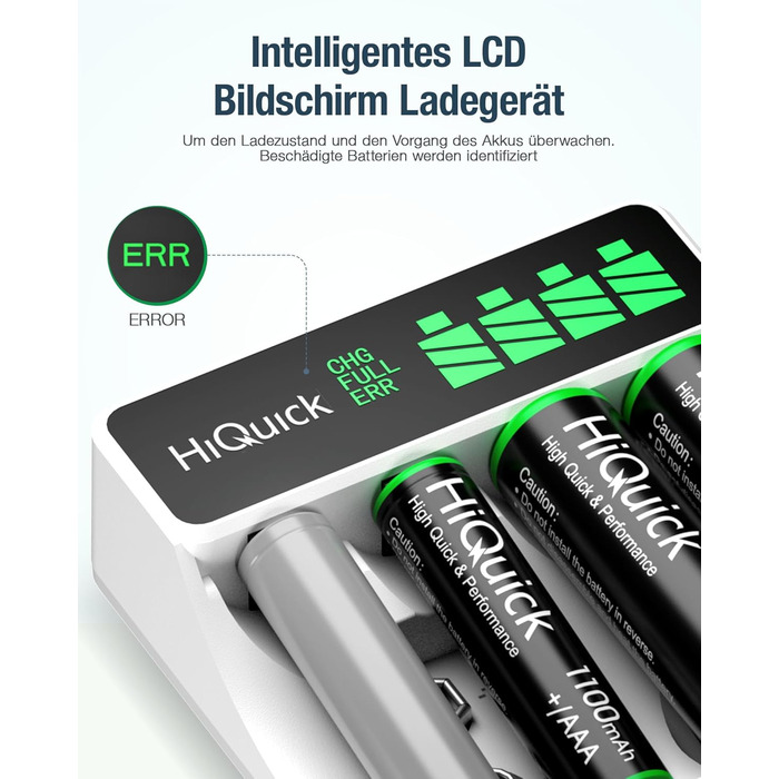 Швидкий зарядний пристрій HiQuick з LCD-дисплеєм для акумуляторів NI-MH NI-CD AA/AAA, 4 слоти, універсальний, для перезаряджуваних акумуляторів Mignon AA та Micro AAA