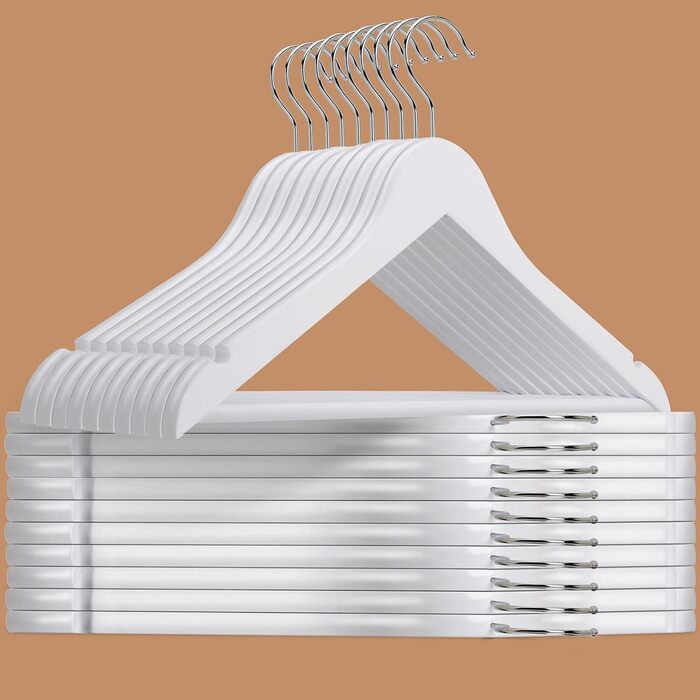 Дерев'яні вішалки для одягу Amber Home, білі, 30 шт. з нековзною перекладиною для штанів, сорочок, курток, суконь.