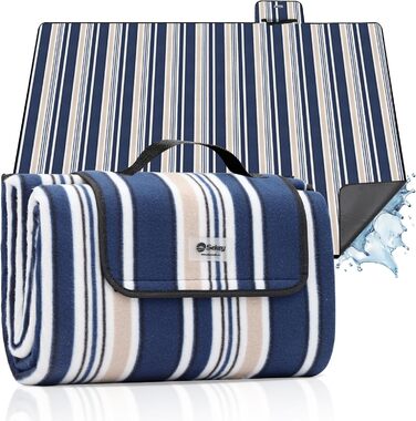 Плед для пікніка Sekey 200x200 см, водовідштовхувальний, для пляжу, кемпінгу, з PEVA-підкладкою, блакитно-біло-бежевий в смужку