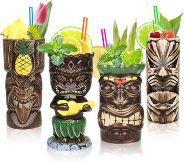 Tiki Toss Set, Hawaiian Party Ceramic Cups, for Cocktails, High-Quality Cup Set with 4 Cups for Exotic Parties - TJB02