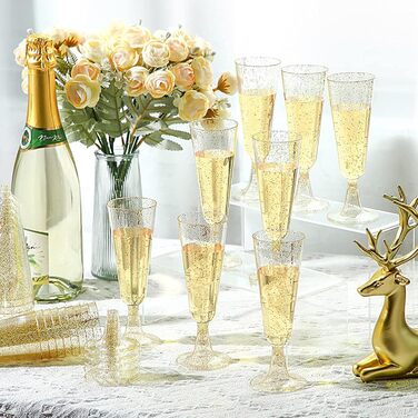 20 келихів для шампанського з пластику золотого кольору, 150 мл, багаторазові, для вечірок, весіль, днів народжень