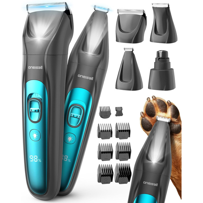 Oneisall 4-in-1 Pet Grooming Kit: Dog & Cat Hair Clippers, Trimmer & Nail Grinder with LED Light - Rechargeable Blue