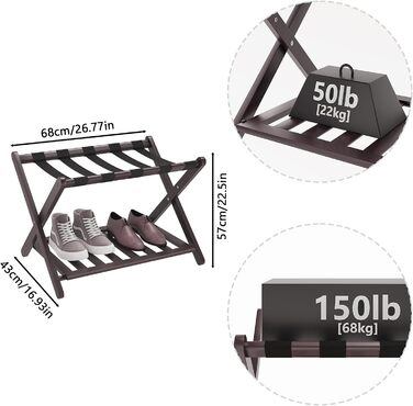 Fully assembled white luggage rack, upgraded bamboo, foldable suitcase stand with 5 nylon straps, luggage holder with shelf for guest rooms, hotel (white luggage rack, 1 piece) (Brown, 1 piece)