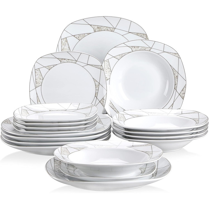 VEWEET Сервіз столовий 'Serena' з порцеляни, 24 частини | Комплект включає миски для каші, десертні тарілки, тарілки для їжі та супові тарілки | Сервіз для 6 осіб/ресторану/сім'ї (Білий, 18-частинний сервіз)