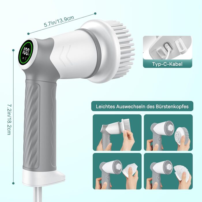 Електрична щітка для прибирання 7 в 1 з регульованою ручкою, змінними насадками, 2 швидкості, для ванни, плитки, IPX7, білий/сірий колір