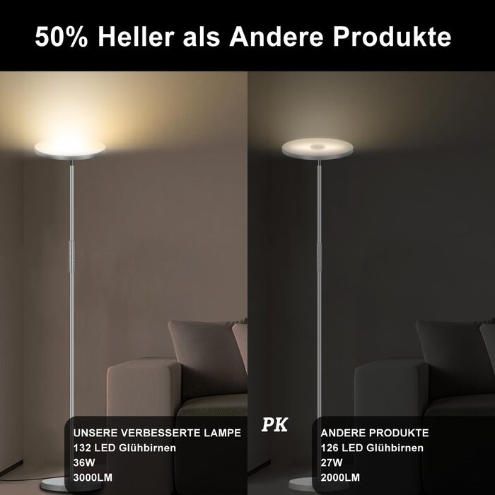 Стеляна LED-лампа Stehlampe для вітальні, 4200LM з регулюванням яскравості, пультом та сенсорним керуванням, 36W, сірий колір