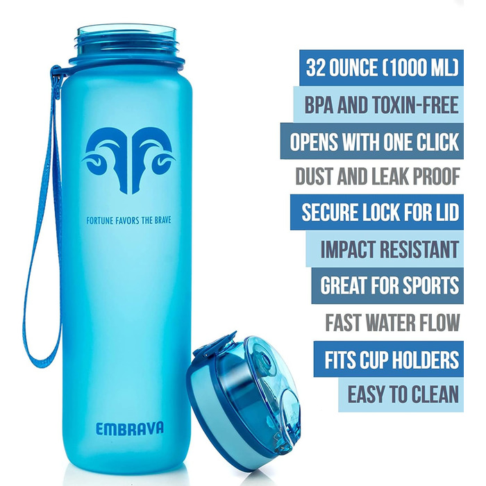 Embrava Best Sport Water Bottle - 1000ml - fast-flowing, flip-top leak-proof lid that opens with a click - non-toxic, BPA-free & eco-friendly Copolyester Tritan plastic (Pure Blue)