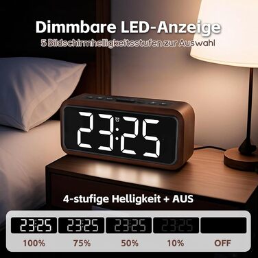 Loud Alarm Clock for Deep Sleepers, Wood Alarm Clock with LED Display, 12 Alarm Ringtone Options, 5 Adjustable Brightness Levels, 5 Volume Levels, Manual DST, Brown Retro Alarm Clock for Bedroom