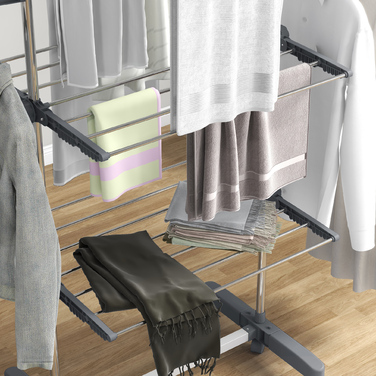 HOMCOM Clothes Dryer Tower Clothes Rack with Wheels, 3 Levels, Foldable Standing Dryer with Side Wings, Clothes Tower, Steel, Grey | Aosom