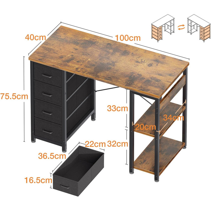 Компактний письмовий стіл Coleshome з 4 висувними ящиками, 100x40 см, з полицями, для офісу, кабінету, спальні (колір: коричневий)