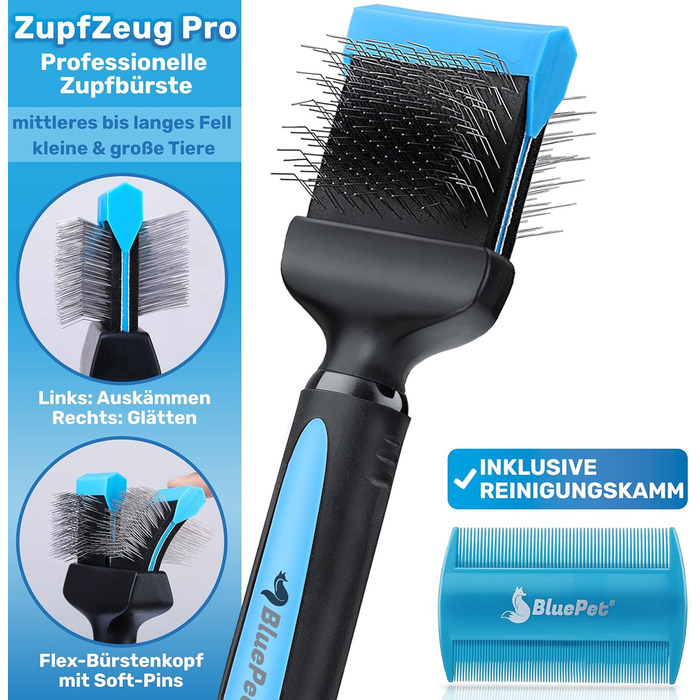 BluePet ZupfZeug Pro: професійна щітка для собак з довгою шерстю, гнучка зчісувальна щітка для собак та котів | видаляє підшерсток, ковтуни та вузли (одна головка, блакитна)