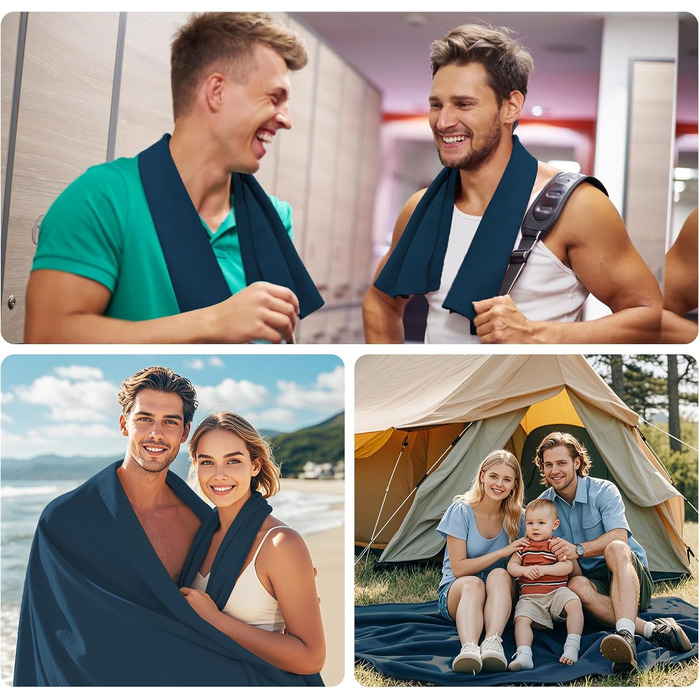 Набір з 3-х рушників з мікрофібри (великий 160x80 см та 2 маленькі 80x40 см), швидковисихаючі, для фітнесу та спорту, для пляжу, ванни, спорту та подорожей (темно-синій)