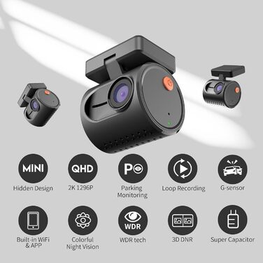 Мініатюрна відеореєстратор KAWA 1296P QHD для авто з WDR, 3D DNR, супер нічним баченням, циклічним записом і екстреною фіксацією, новинка 2025, керування голосом