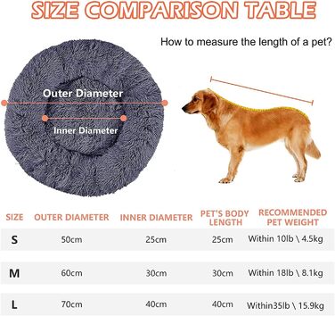 fireowl Donut Dog Bed Large Fluffy: 70cm Soothing Puppy Bed Anti-Anxiety Cat Bed - Plush Pet Bed Round Cozy Washable (L 60 x W 60 x H 20 cm, Grey)
