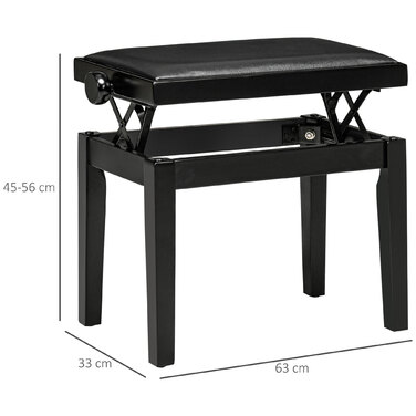 HOMCOM Piano Bench - Height Adjustable Piano Stool with Leather Cushion, Faux Leather, Beechwood, Black, 63 x 33 x 45-56 cm, ideal for pianists