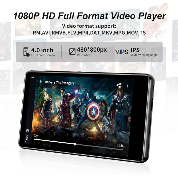 MP3 плеєр SWOFY 80GB з Bluetooth та Wi-Fi, 4.0-дюймовий сенсорний екран, Android MP4 плеєр з підтримкою Spotify, Amazon Music, FM-радіо та браузером (Чорний)