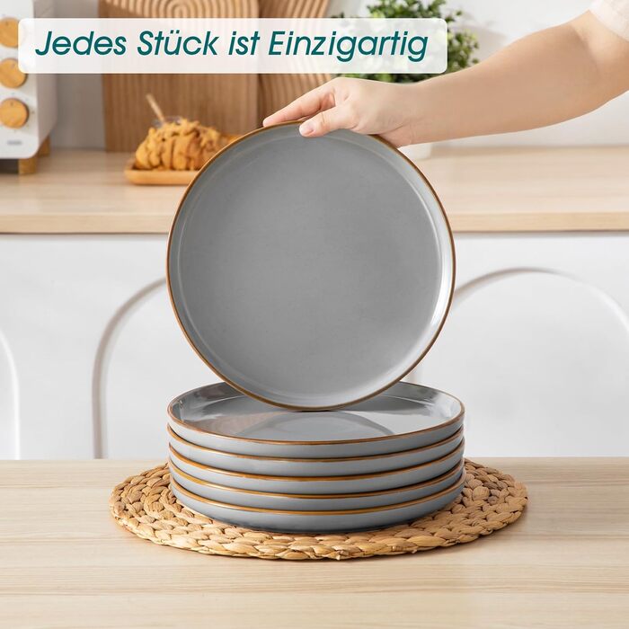 Набір посуду на 6 осіб Vancasso RENO 24 шт. з каменю, сучасний сервіз: обідні, супові, десертні тарілки, миски. Можна мити в посудомийній машині та використовувати в мікрохвильовці, сірий колір.