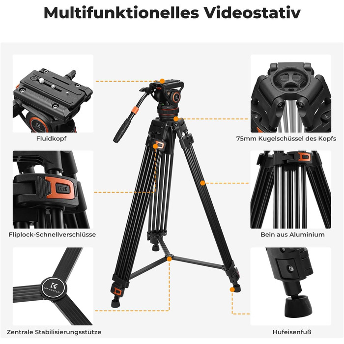 Штатив для камери K&F CONCEPT VA3+BV10: професійний відеоштатив з поворотним кріпленням, 184 см, для DSLR та відеокамер