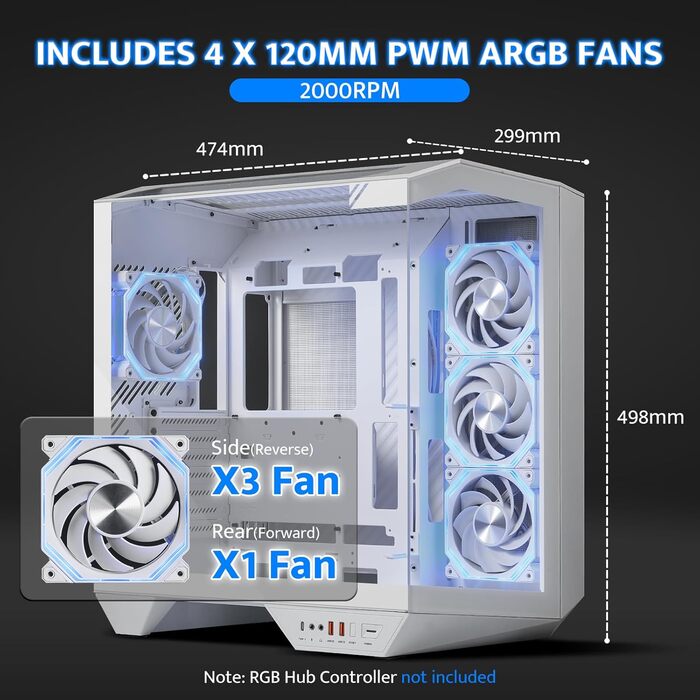 darkFlash DY470: Корпус для ігрового ПК Full-Tower ATX з 4 PWM-ARGB вентиляторами, сумісний з RTX 40, білий