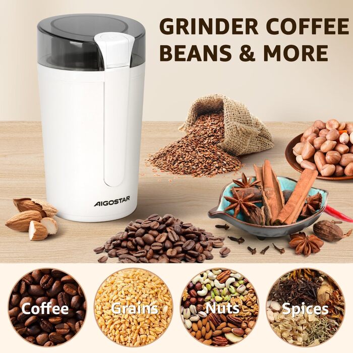 Електрична кавомолка Aigostar Blanche з регулюванням ступеня помелу, BPA Free, 60г, 200W, біла