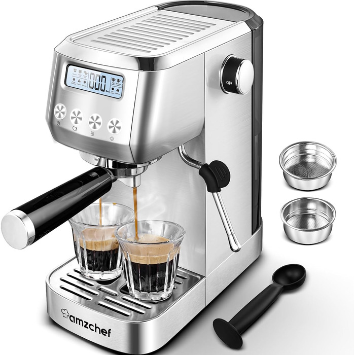 AMZCHEF Espresso Machine 20 Bar | Espresso Machine with Milk Frother | Semi-Automatic Espresso Machine with 2-IN-1 Portafilter for Single and Double Shots | Espresso Machine with Removable Water Tank 1.3 L 1.3L