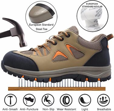 Черевики робочі чоловічі/жіночі, захисні, легкі, дихаючі, антиковзкі, зі сталевим підноском (Хакі, 37 EU)