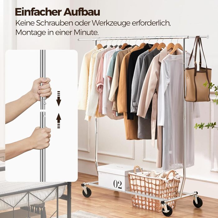 Yaheetech Clothes Rack Rolling Garment Rack Extendable Clothes Rail Height-Adjustable Clothes Hanger with Foldable Base, Load Capacity up to 90 KG
