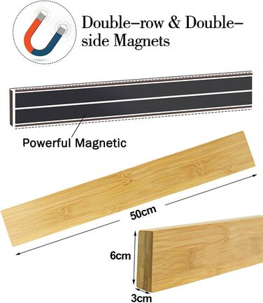 [50cm Pro] Magnetic Knife Strip, Trhillsbrad 50cm Magnetic Knife Holder Wood Knife Rail Self-Adhesive, Silver Wall Mount Magnetic Strip No Drilling Knife Holder
