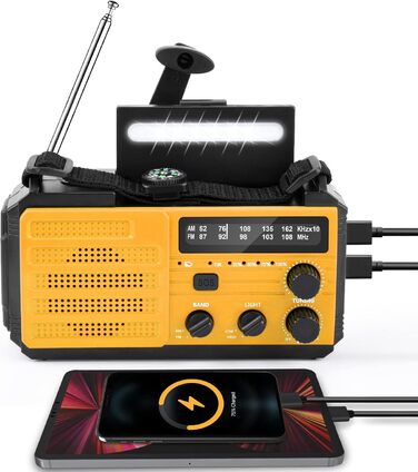 Сонячне радіо Kurbelradio 8000mAh з ручним заводом, AM/FM, динамо, радіо для надзвичайних ситуацій, ліхтарик LED, компас, IPX3, оранжевий