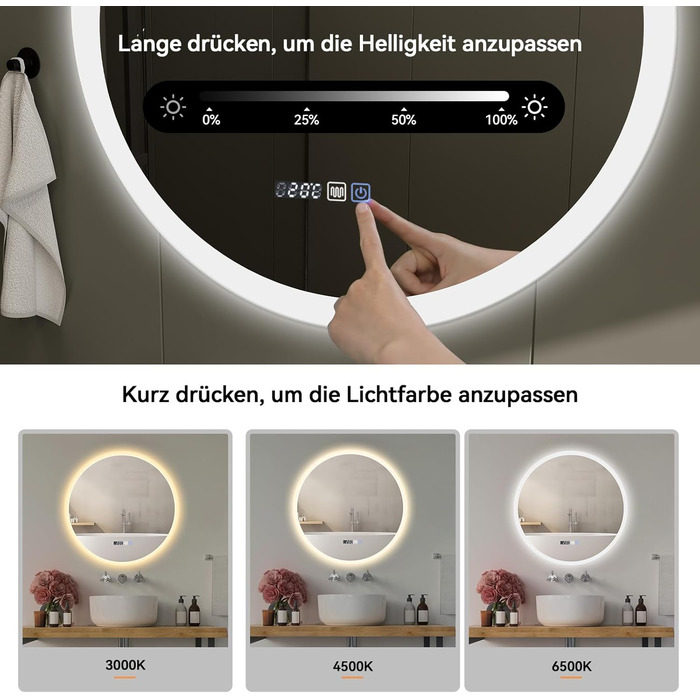 Дзеркало для ванної кімнати YOURLITE з підсвічуванням, діаметр 60 см, LED, сенсорне керування, 3 кольори світла, регулювання яскравості, антизапар, пам'ять, годинник, білий