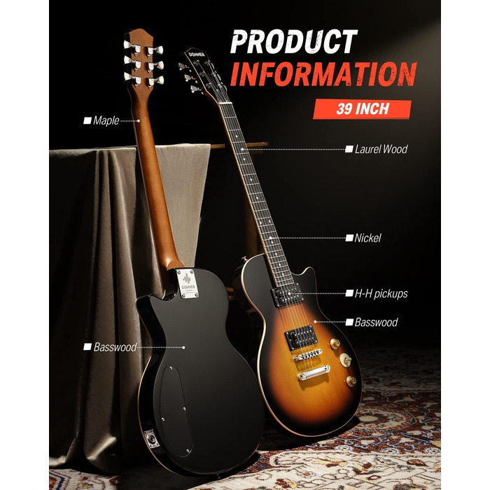 Електрогітара Donner Set LP-стиль 39 дюймів з чохлом, ременем та кабелем (Sunburst)