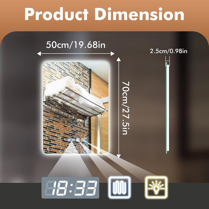 Дзеркало для ванної кімнати Viugreum з підсвічуванням 50x75 см, овальне LED дзеркало для ванної, диммування, 3 кольори світла, проти запотівання, годинник, сенсорна кнопка, дзеркало з LED підсвічуванням для ванної кімнати, вітальні (50x70 см)