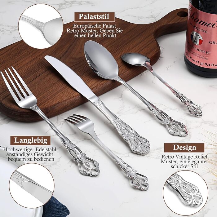 Набір столових приборів 20 предметів Vintage Palast з нержавіючої сталі на 4 особи, поліровані, для посудомийної машини, сріблясті
