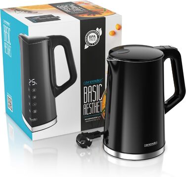 Електричний чайник Arendo з регулюванням температури, нержавіюча сталь, подвійні стінки Cool Touch, дисплей, бездротовий, 2200 Вт, 1,7 л, захист від перегріву, функція підтримки тепла, чорний