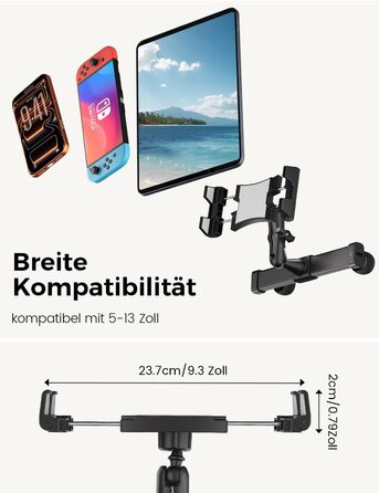 Тримач для планшета в авто OHLPRO: кріплення на підголівник, шарнірний кронштейн, сумісний з iPad, телефонами, Switch, Samsung (5-13 дюймів)