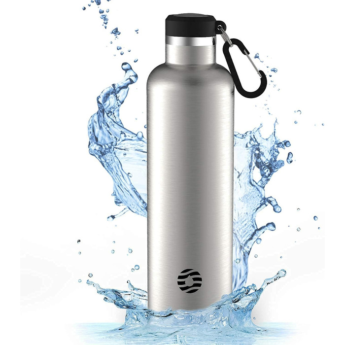 FEIJIAN FJbottle 316 Stainless Steel Vacuum-Insulated Water Bottle 750ml/1000ml with Carabiner, BPA-Free Bottles, Leak-Proof Sports Bottle for Sports, Work, and Travel (1000 ml, Silver)