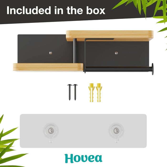 Тримач туалетного паперу Hovea з 2 полицями - настінний, без свердління, метал та дерево, чорний & бамбук