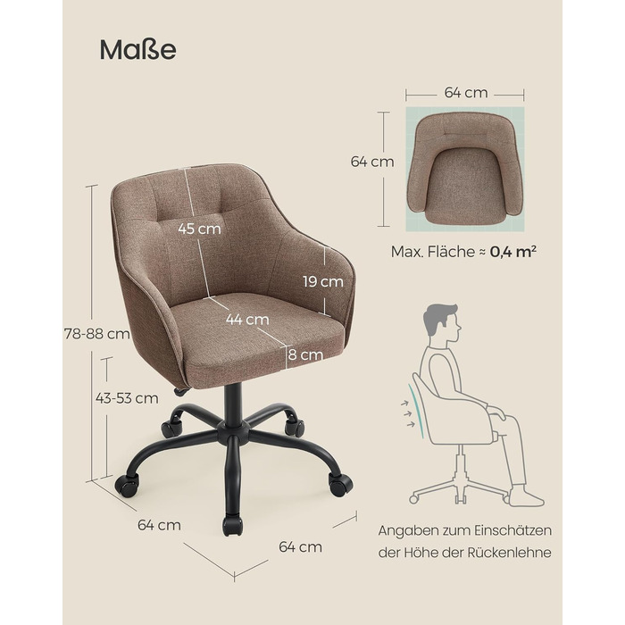 Крісло SONGMICS для офісу, обертове, регульоване по висоті, до 110 кг, дихаючий матеріал, для робочого кабінету/спальні, коричневе, OBG019K01