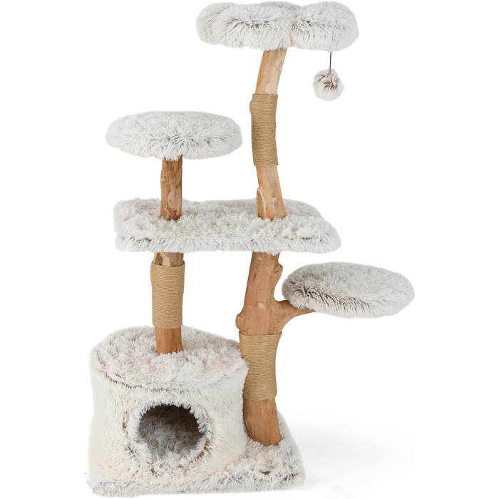Дерев'яний кігтеточка SOARS для котів з 3 природними стовбурами, ліжком та плюшевими поверхнями, кігтеточка з іграшковим м'ячиком та джутовим мотузком, багатоповерхова, 49 x 59 x 110 см, білий