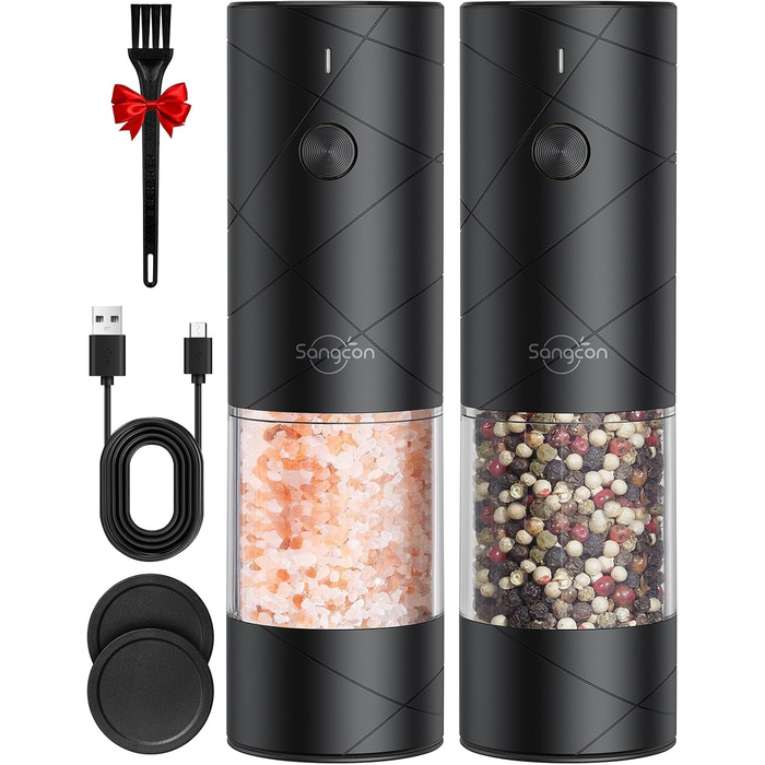 Sangcon Salt and Pepper Grinder 2-Piece Set, Rechargeable via USB, with LED Light, Large Capacity Pepper Grinder, Automatic Grinding and Adjustable Grind Fineness, Suitable for a Variety of Selection