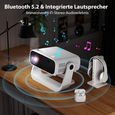 Розумний проєктор Beamer Full HD 1080P, 25000 люменів, Android 11, вбудовані додатки, 4D корекція трапеції, WiFi 6 & BT 5.2, проєктор для домашнього кіно 4K з поворотним підставою 120°, сумісний з iOS/Android/Laptops, чорний