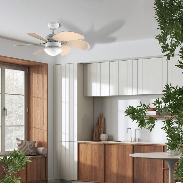 Стеляний вентилятор Cecotec EnergySilence Aero 350: 50 Вт, діаметр 81 см, лампа, 6 лопатей, 3 швидкості, функція зими, білий/дерев'яний