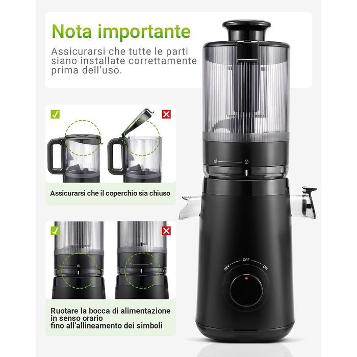 Шнекова соковижималка TUUMIIST Slow Juicer для цілих фруктів та овочів, 1.8 л, глянцевий чорний, 135 мм