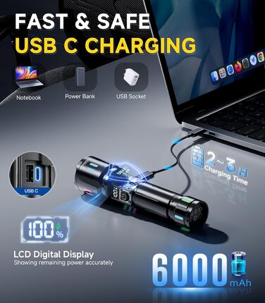 LED ліхтар Esgofo 500000 люменів, перезарядна, екстремально яскрава, 15 годин роботи, USB-C, дальність 1000м, регульований фокус та режими світла, для активного відпочинку та безпеки