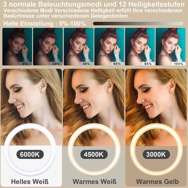 Ринг-лампа 13 дюймів з штативом, кліп для планшета та 2 тримачами для телефону, 3000-6000K, 10 рівнів яскравості, музичні режими, 100 RGB-режимів, LED для селфі, TikTok, Vlog, YouTube, Facebook відео, багато кольорів