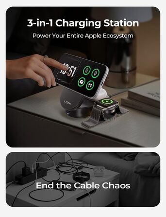 Зарядна станція LISEN 3-в-1 MagSafe 25W з адаптером 45W для iPhone 17/16/15/14/13, Apple Watch та AirPods Qi2.2