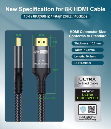 HDMI 2.1 Кабель 0.5м (0.5M) 8K, 48Gbps, Ethernet, CEC, ARC, eARC, HDCP2.3, HDR10+, для ПК, Телевізора, Монітора, Проектора