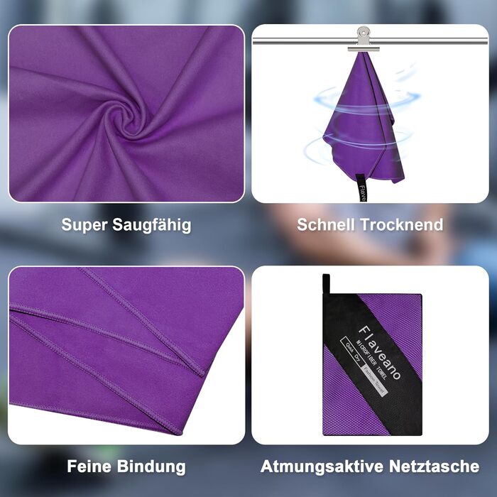 Набір рушників з мікрофібри, швидковисихаючих, 3 шт. (180x90см, 80x40см, 50x30см) для подорожей, спорту, пляжу (фіолетовий)